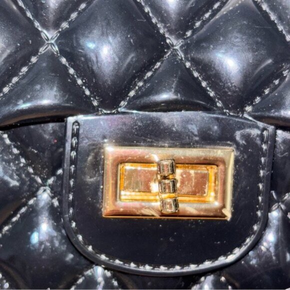 Deluxity Black Quilted Women's Bag Purse Mini Jelly PVC Pearl Handle Chain - Picture 6 of 10